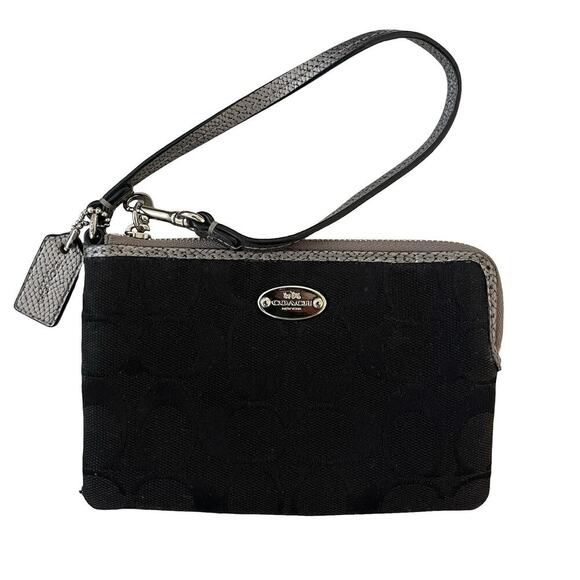 COACH Black Canvas Zip Wallet Purse Wristlet Metallic Pewter Trim F64643 - Picture 1 of 8